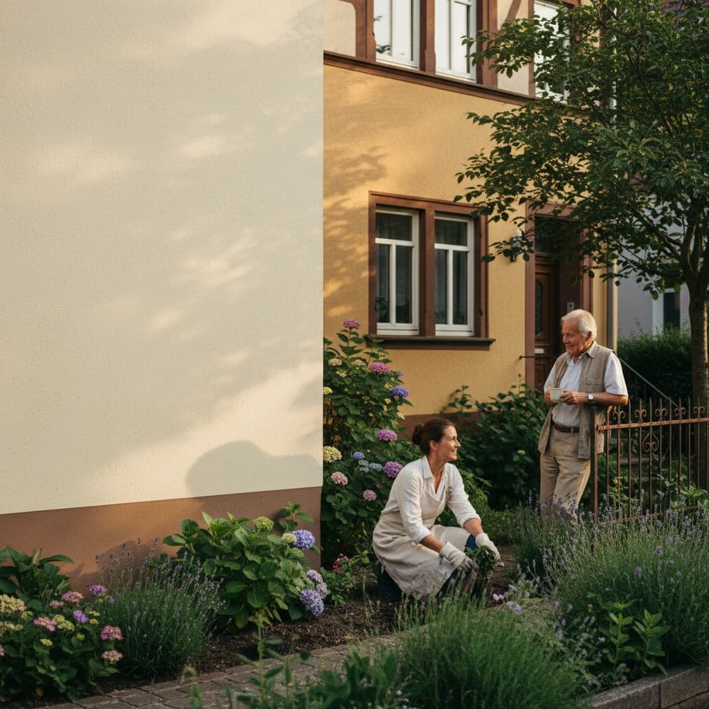 Helfer kümmert sich um einen Vorgarten, während eine Nachbarin mit ihm spricht
