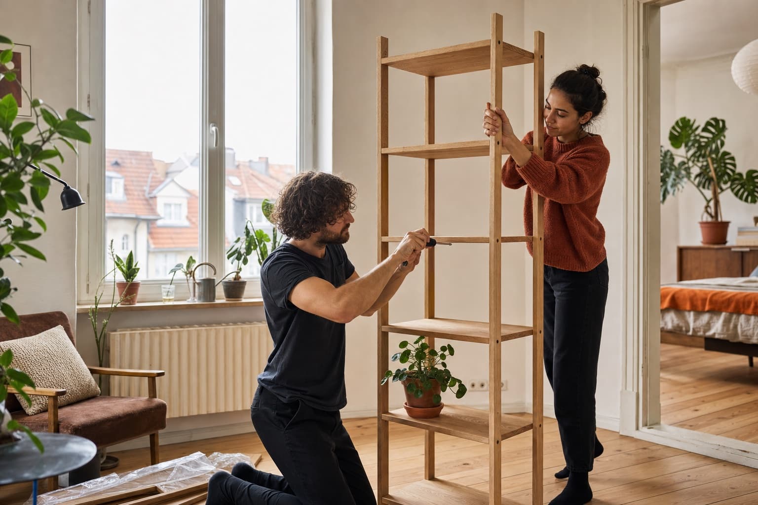 Zwei Nachbarn bauen gemeinsam ein Holzregal in einer hellen Karlsruher Wohnung auf